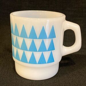Fire King Stacking Mug Light Blue Geometric TrianglePattern Milk Glass Vintage